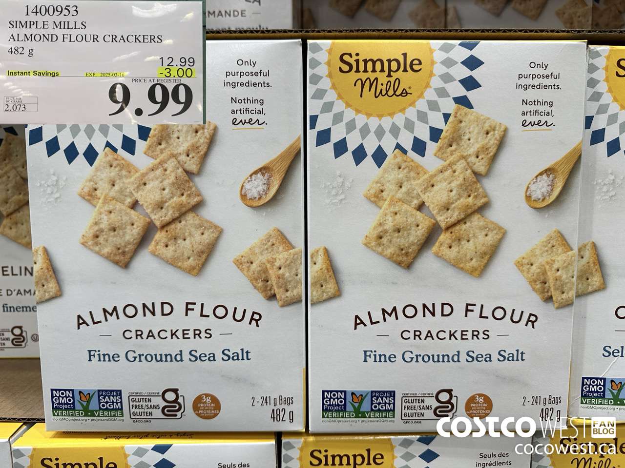 1400953 SIMPLE MILLS ALMOND FLOUR CRACKERS 482 g ($3.00 INSTANT SAVINGS EXPIRES ON 2025-03-16) $9.99