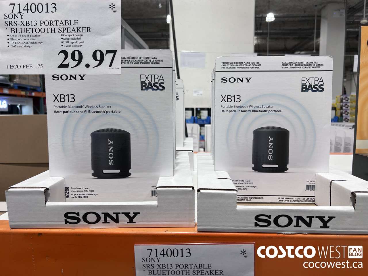 7140013 SONY SRSXB13 PORTABLE BLUETOOTH SPEAKER $29.97