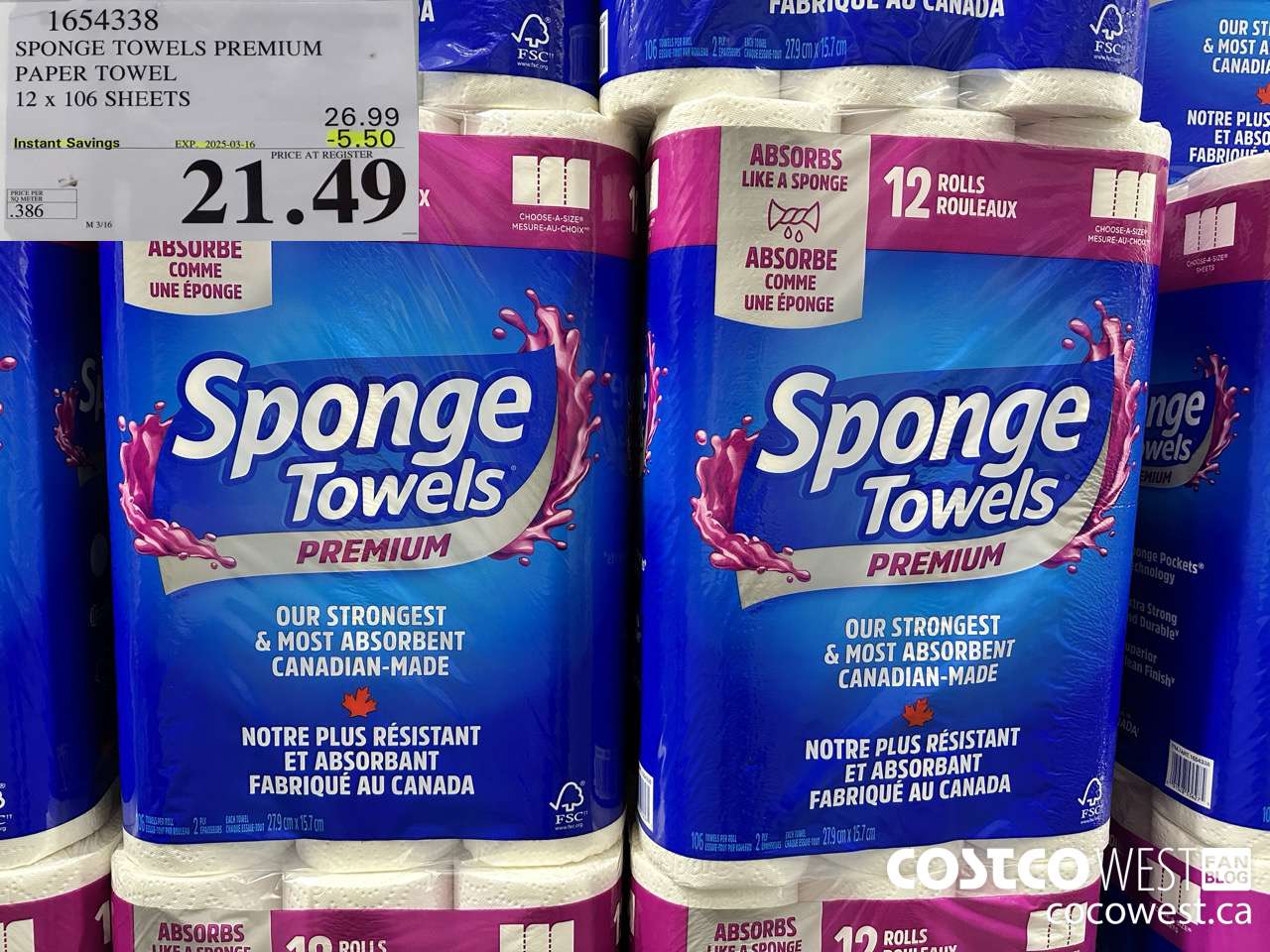 1654338 SPONGE TOWELS PREMIUM PAPER TOWEL 12 X 106 SHEETS ($5.50 INSTANT SAVINGS EXPIRES ON 2025-03-16) $21.49
