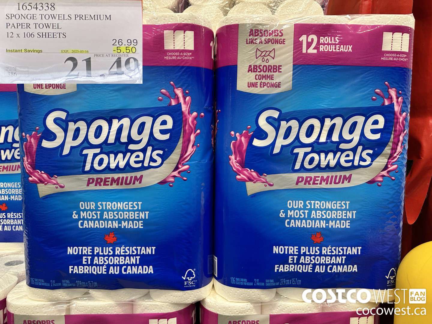 1654338 SPONGE TOWELS PREMIUM PAPER TOWEL 12 X 106 SHEETS ($5.50 INSTANT SAVINGS EXPIRES ON 2025-03-16) $21.49