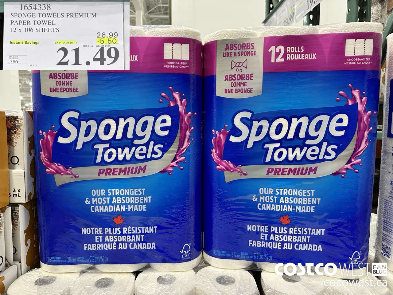1654338 SPONGE TOWELS PREMIUM PAPER TOWEL 12 X 106 SHEETS ($5.50 INSTANT SAVINGS EXPIRES ON 2025-03-16) $21.49