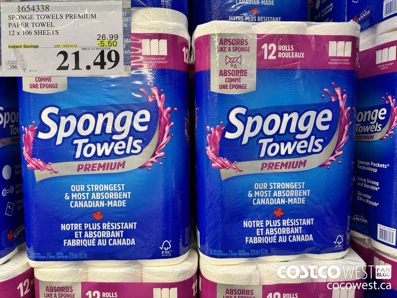 1654338 SPONGE TOWELS PREMIUM PAPER TOWEL 12 X 106 SHEETS ($5.50 INSTANT SAVINGS EXPIRES ON 2025-03-16) $21.49