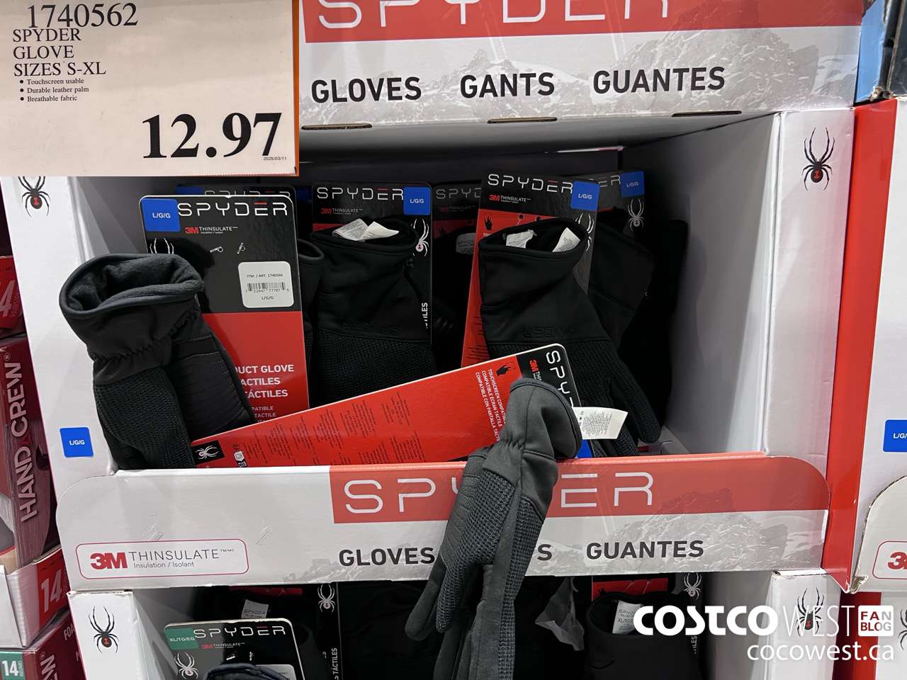 1740562 SPYDER GLOVE SIZES S-XL $12.97