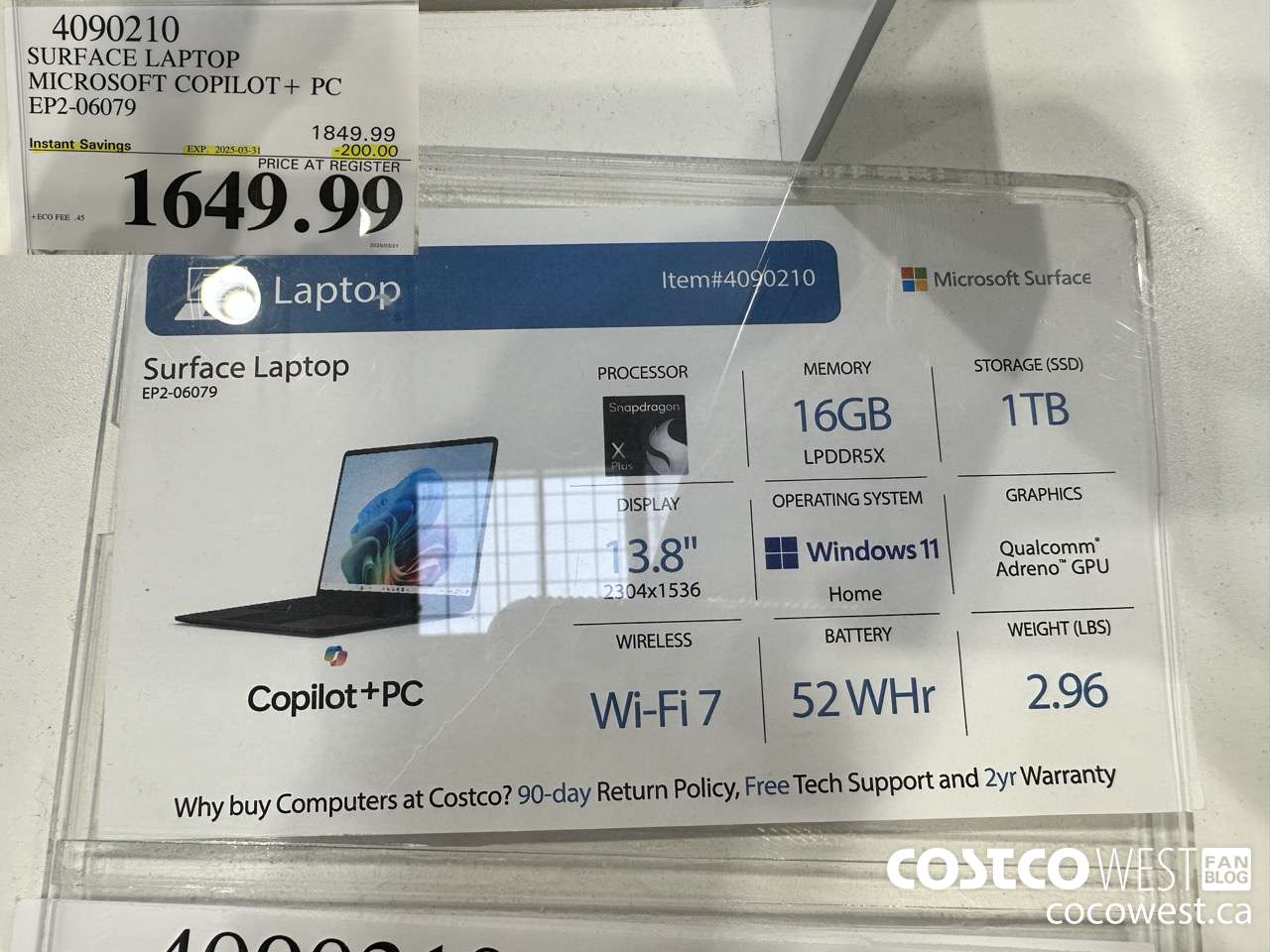 4090210 SURFACE LAPTOP MICROSOFT COPILOT + PC EP2-06079 ($200.00 INSTANT SAVINGS EXPIRES ON 2025-03-31) $1649.99