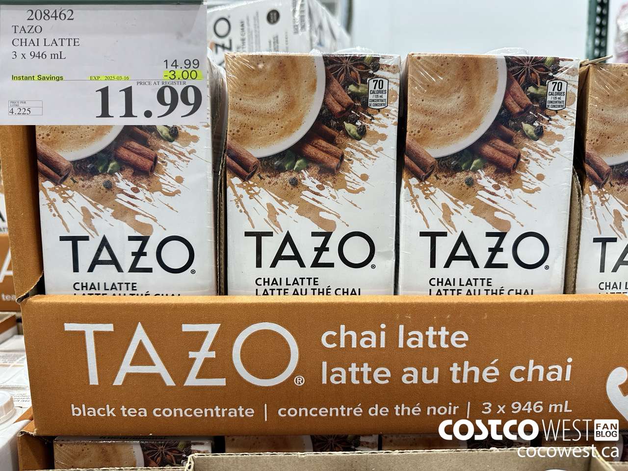 208462 TAZO CHAI LATTE 3 x 946 mL ($3.00 INSTANT SAVINGS EXPIRES ON 2025-03-16) $11.99