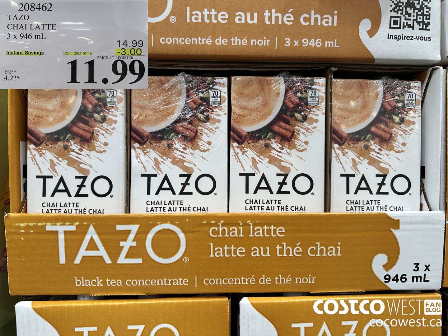 208462 TAZO CHAI LATTE 3 x 946 mL ($3.00 INSTANT SAVINGS EXPIRES ON 2025-03-16) $11.99
