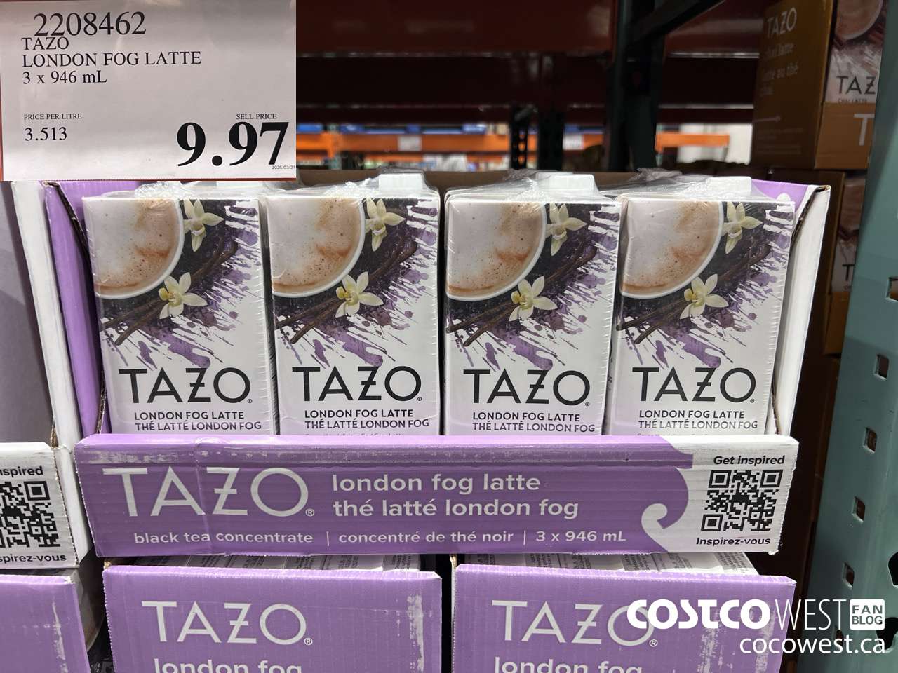 2208462 TAZO LONDON FOG LATTE 3 X 946ML $9.97
