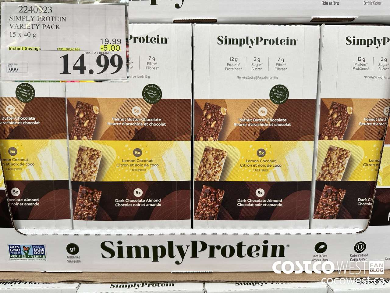 2240923 THE SIMPLY BAR PROTEIN BARS 15 x 40 g ($5.00 INSTANT SAVINGS EXPIRES ON 2025-03-16) $14.99