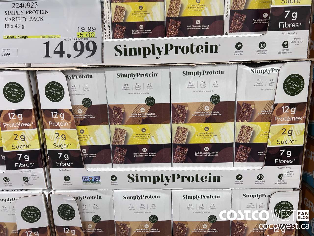 2240923 THE SIMPLY BAR PROTEIN BARS 15 x 40 g ($5.00 INSTANT SAVINGS EXPIRES ON 2025-04-13) $14.99