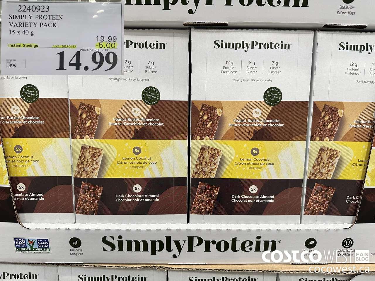 2240923 THE SIMPLY BAR PROTEIN BARS 15 x 40 g ($5.00 INSTANT SAVINGS EXPIRES ON 2025-04-13) $14.99