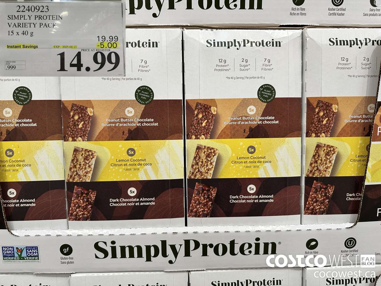 2240923 THE SIMPLY BAR PROTEIN BARS 15 x 40 g ($5.00 INSTANT SAVINGS EXPIRES ON 2025-04-13) $14.99