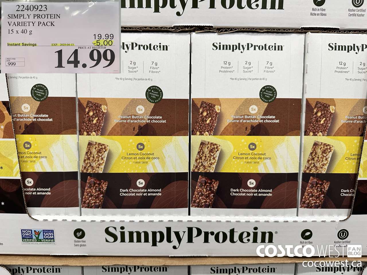 2240923 THE SIMPLY BAR PROTEIN BARS 15 x 40 g ($5.00 INSTANT SAVINGS EXPIRES ON 2025-04-13) $14.99