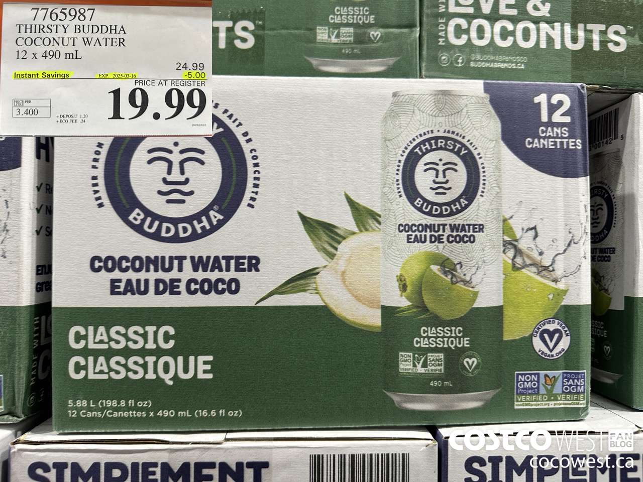 7765987 THIRSTY BUDDHA COCONUT WATER 12 X 490ML ($5.00 INSTANT SAVINGS EXPIRES ON 2025-03-16) $19.99