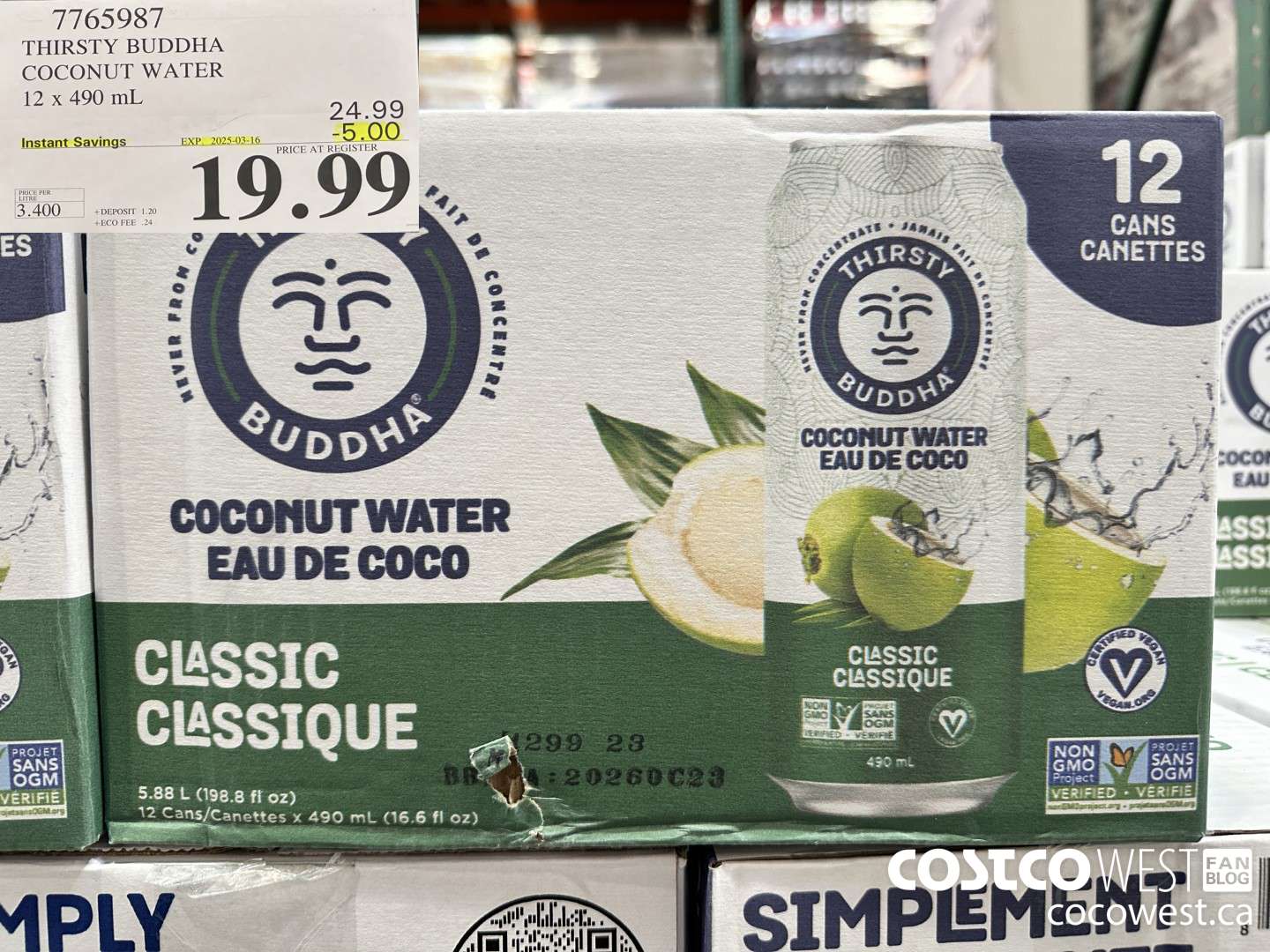 7765987 THIRSTY BUDDHA COCONUT WATER 12 X 490ML ($5.00 INSTANT SAVINGS EXPIRES ON 2025-03-16) $19.99