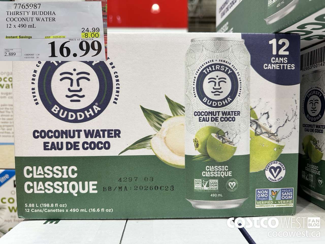 7765987 THIRSTY BUDDHA COCONUT WATER 12 X 490ML ($8.00 INSTANT SAVINGS EXPIRES ON 2025-03-16) $16.99