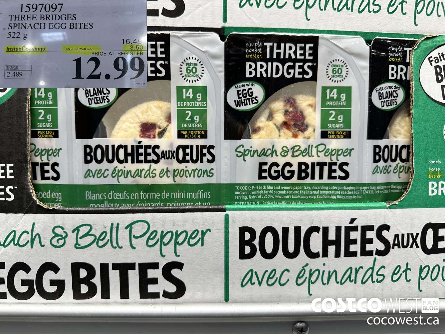 1597097 THREE BRIDGES SPINACH EGG BITES 522 G ($3.50 INSTANT SAVINGS EXPIRES ON 2025-03-27) $12.99