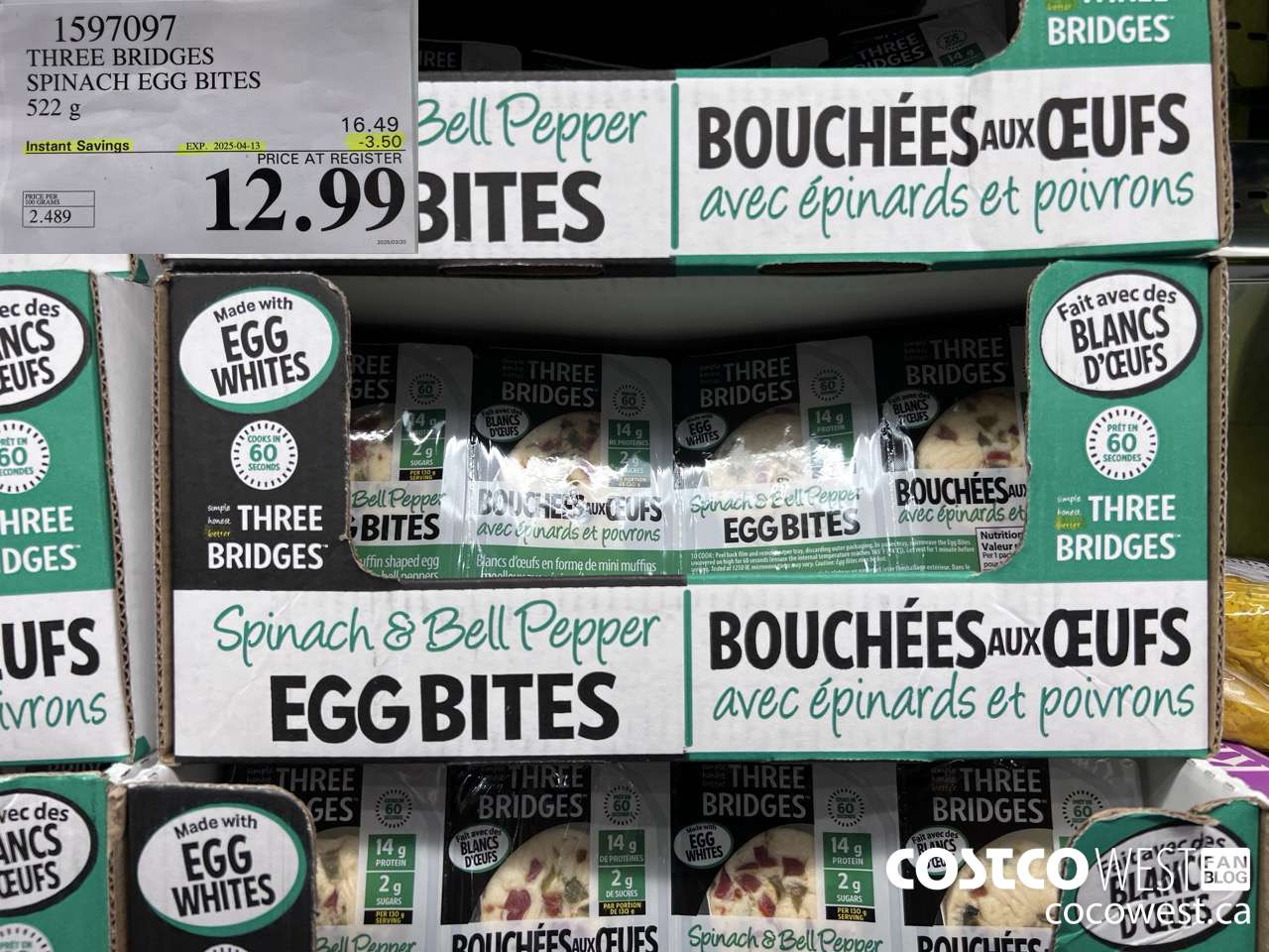 1597097 THREE BRIDGES SPINACH EGG BITES 522 G ($3.50 INSTANT SAVINGS EXPIRES ON 2025-04-13) $12.99