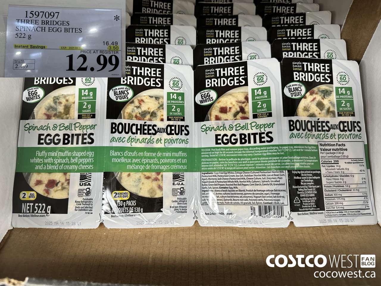 1597097 THREE BRIDGES SPINACH EGG BITES 522 G ($3.50 INSTANT SAVINGS EXPIRES ON 2025-04-13) $12.99