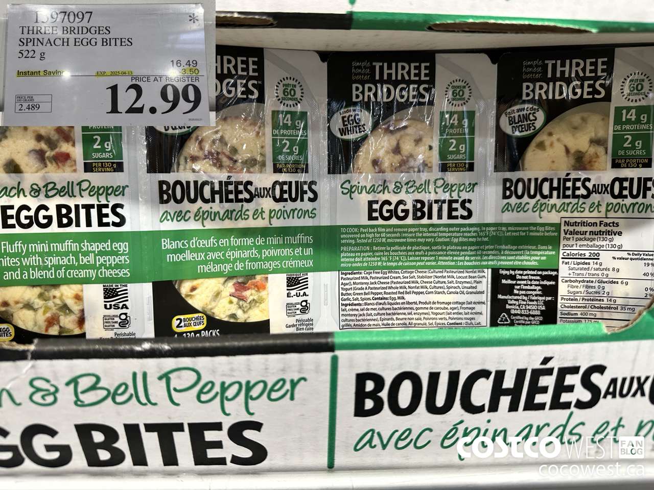 1597097 THREE BRIDGES SPINACH EGG BITES 522 G ($3.50 INSTANT SAVINGS EXPIRES ON 2025-04-13) $12.99