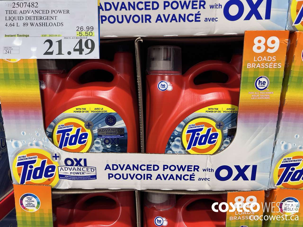 2507482 TIDE ADVANCED POWER LIQUID DETERGENT 4.64 L 89 WASHLOADS ($5.50 INSTANT SAVINGS EXPIRES ON 2025-04-13) $21.49