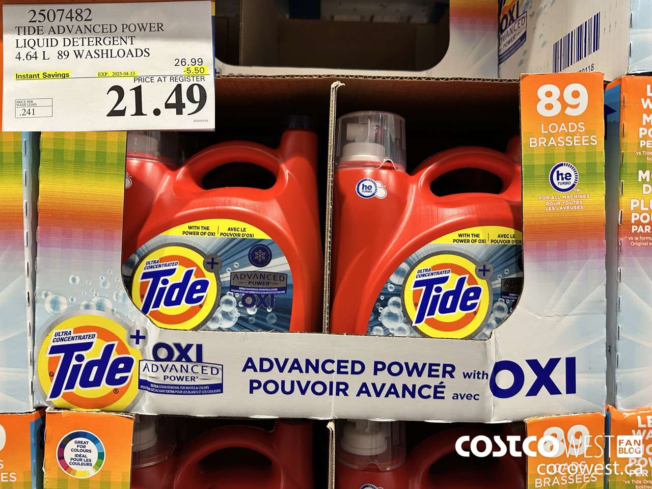 2507482 TIDE ADVANCED POWER LIQUID DETERGENT 4.64 L 89 WASHLOADS ($5.50 INSTANT SAVINGS EXPIRES ON 2025-04-13) $21.49