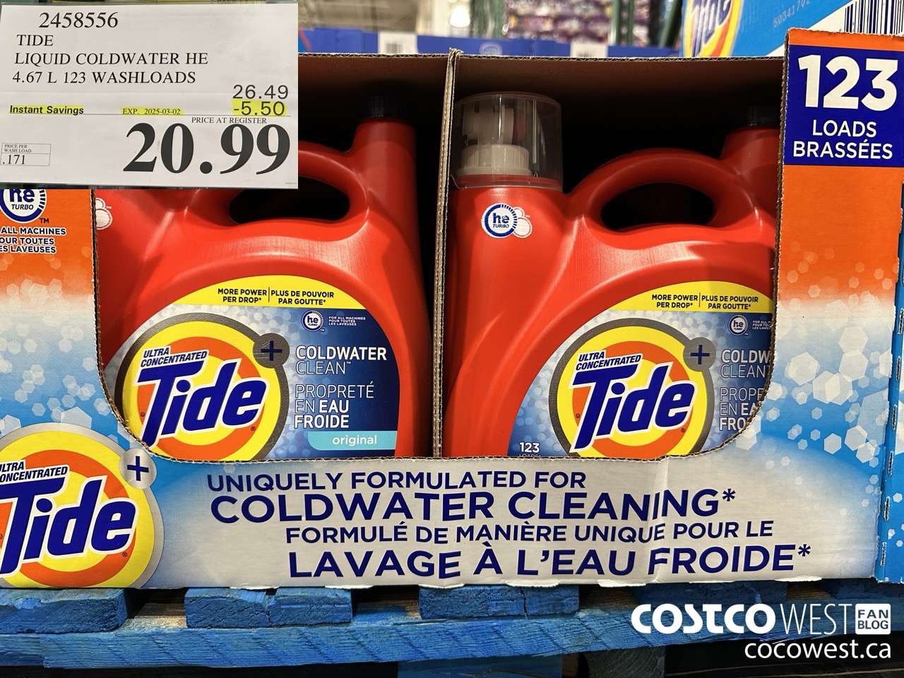 2458556 TIDE LIQUID COLDWATER HE 4.67 L 123 WASHLOADS ($5.50 INSTANT SAVINGS EXPIRES ON 2025-03-02) $20.99