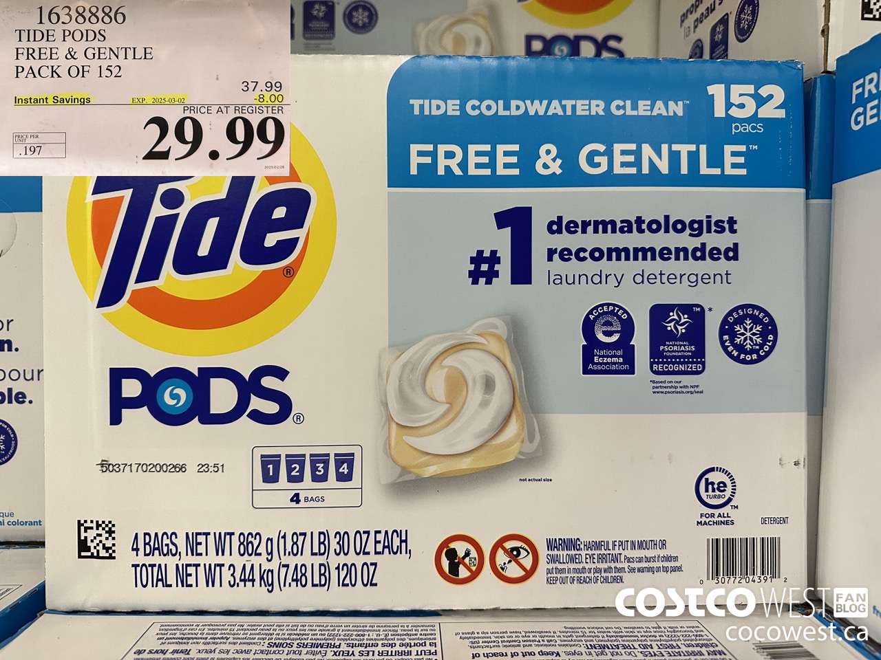 1638886 TIDE PODS FREE & GENTLE 152 pacs ($8.00 INSTANT SAVINGS EXPIRES ON 2025-03-02) $29.99