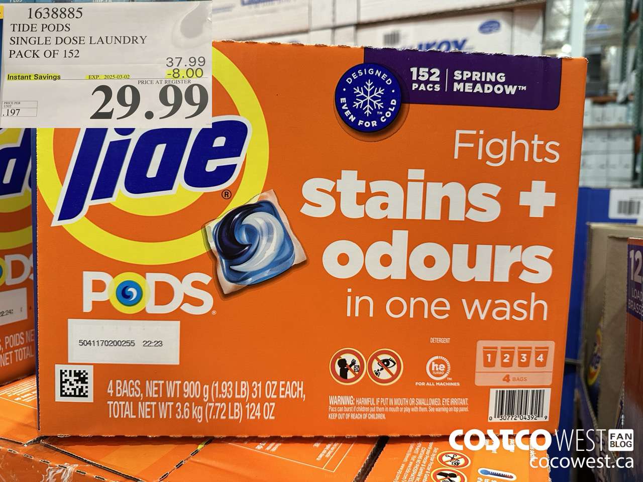 1638885 TIDE PODS SINGLE DOSE LAUNDRY 152 PACS ($8.00 INSTANT SAVINGS EXPIRES ON 2025-03-02) $29.99