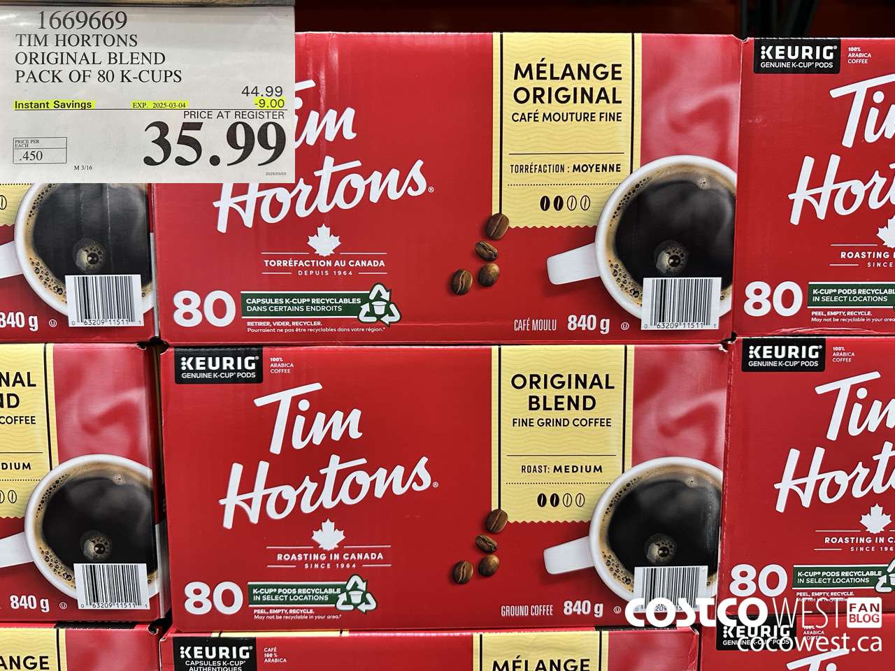 1669669 TIM HORTONS ORIGINAL BLEND K-CUPS 80 COUNT ($9.00 INSTANT SAVINGS EXPIRES ON 2025-03-04) $35.99