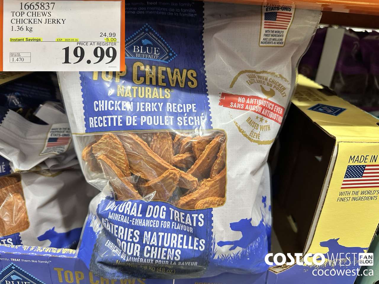 1665837 TOP CHEWS CHICKEN JERKY 1.36 kg ($5.00 INSTANT SAVINGS EXPIRES ON 2025-03-16) $19.99