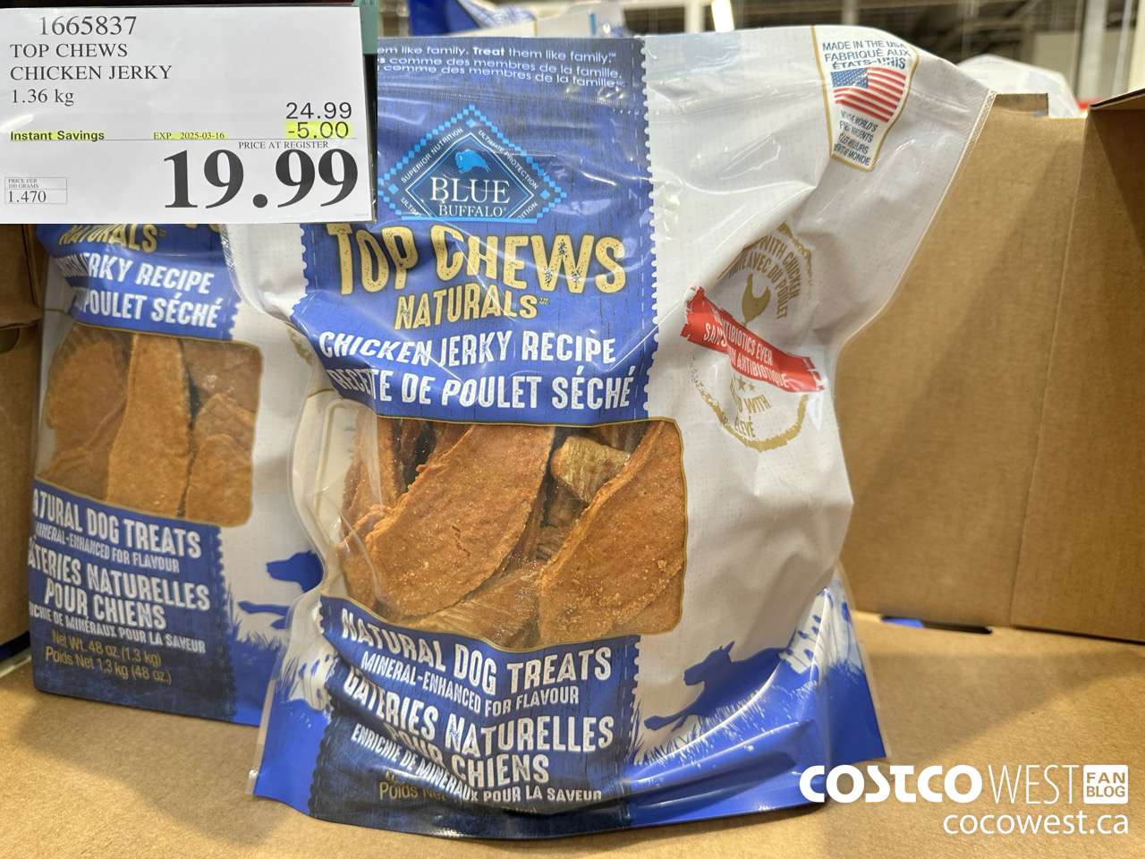 1665837 TOP CHEWS CHICKEN JERKY 1.36 kg ($5.00 INSTANT SAVINGS EXPIRES ON 2025-03-16) $19.99