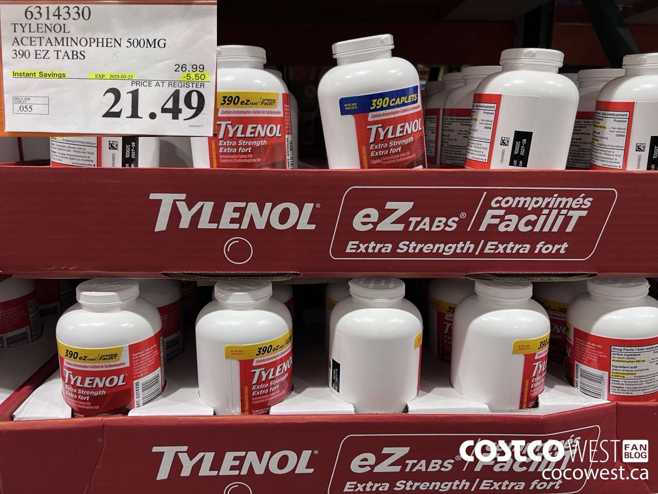 6314330 TYLENOL ACETAMINOPHEN 500MG 390 EZ TABS ($5.50 INSTANT SAVINGS EXPIRES ON 2025-03-23) $21.49