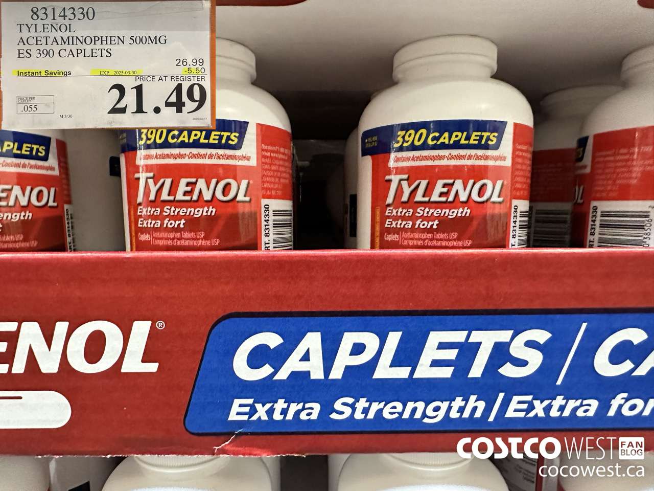 8314330 TYLENOL ACETAMINOPHEN 500MG ES 390 CAPLETS ($5.50 INSTANT SAVINGS EXPIRES ON 2025-03-30) $21.49