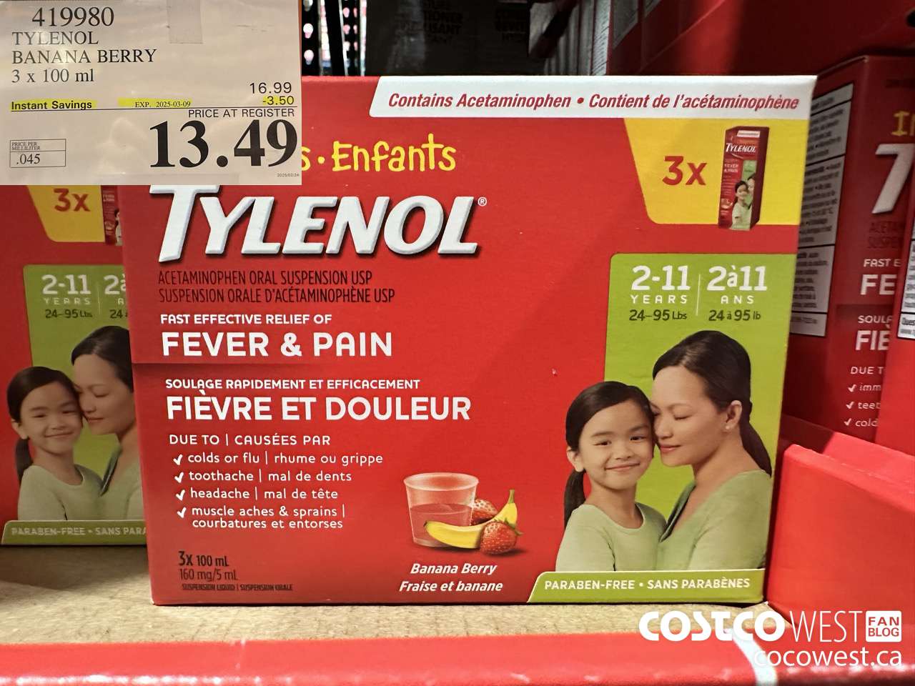 419980 TYLENOL BANANA BERRY 3 X 100ML ($3.50 INSTANT SAVINGS EXPIRES ON 2025-03-09) $13.49