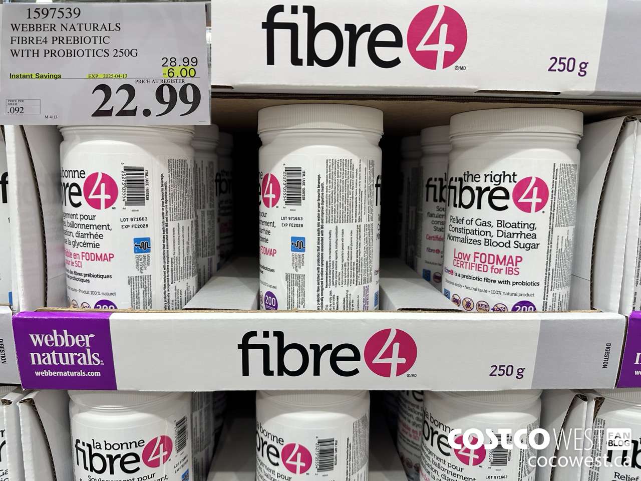 1597539 WEBBER NATURALS FIBRE4 PREBIOTIC WITH PROBIOTICS 250G ($6.00 INSTANT SAVINGS EXPIRES ON 2025-04-13) $22.99