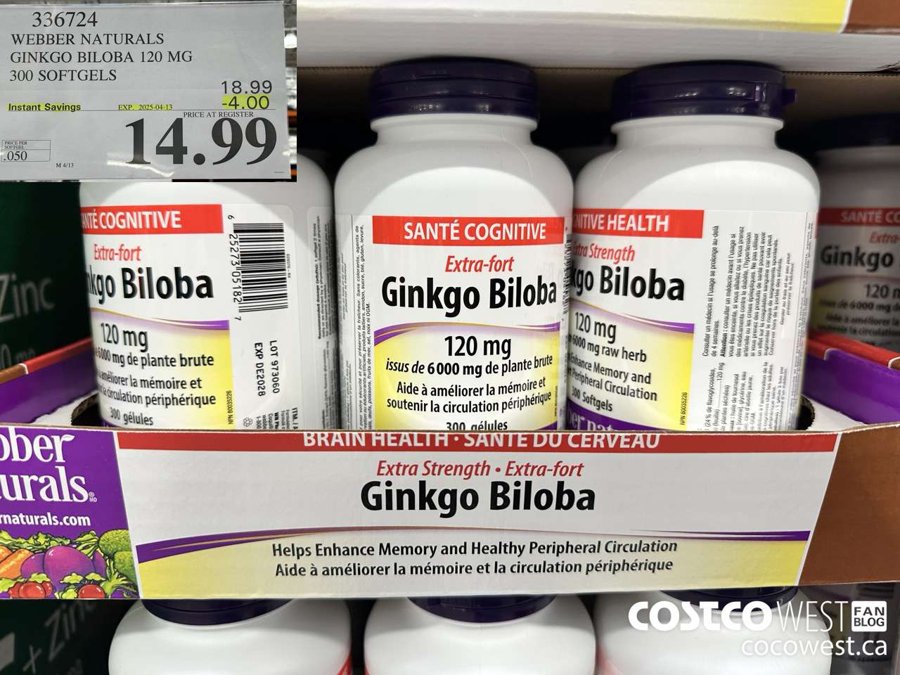 336724 WEBBER NATURALS GINKGO BILOBA 120MG 300 SOFTGELS ($4.00 INSTANT SAVINGS EXPIRES ON 2025-04-13) $14.99