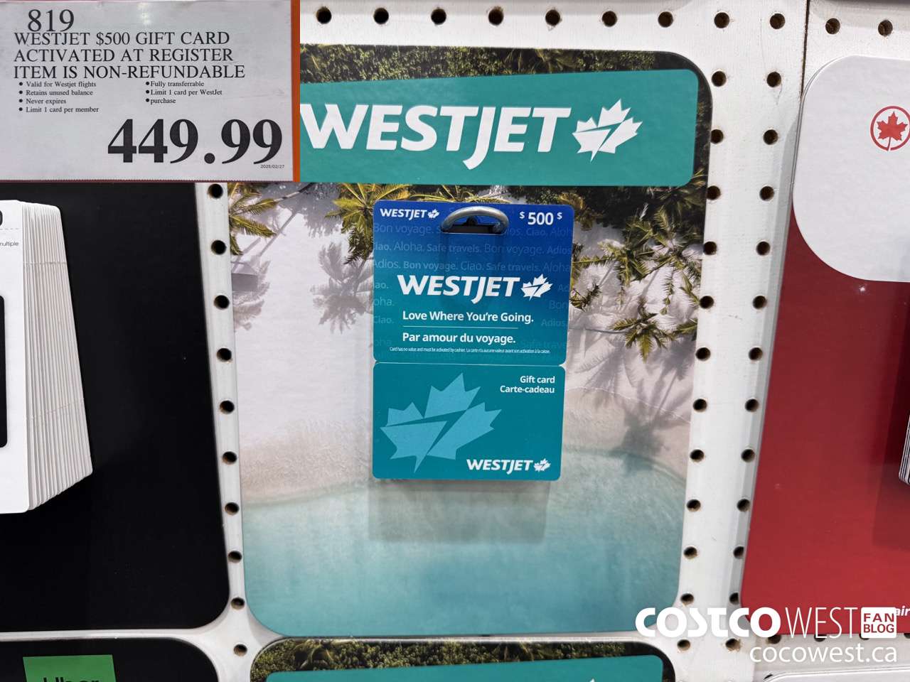 819 WESTJET $500 GIFT CARD NON-REFUNDABLE $449.99