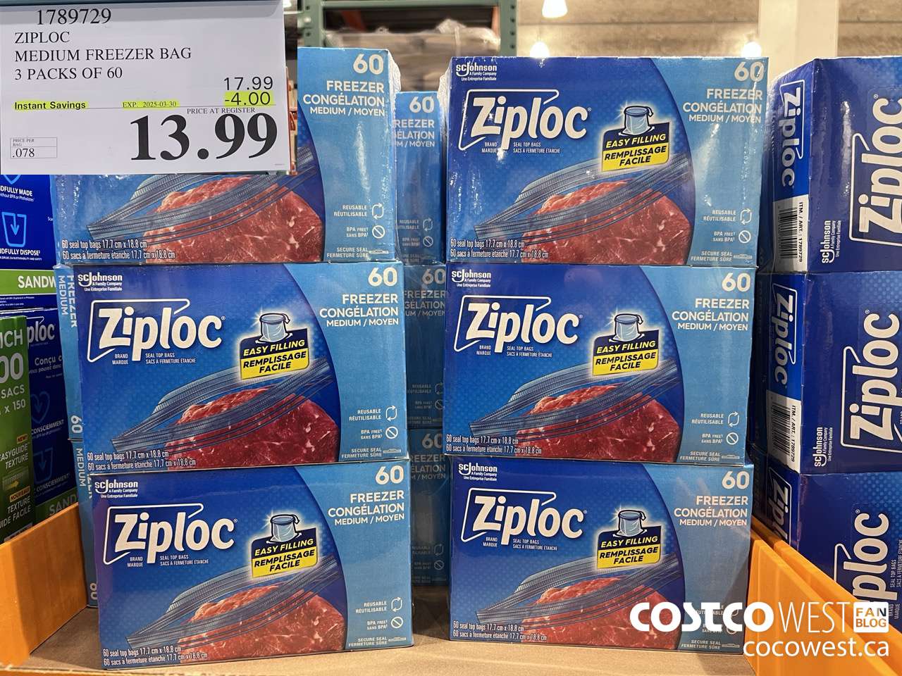 1789729 ZIPLOC MEDIUM FREEZER BAG 3 x 60 ($4.00 INSTANT SAVINGS EXPIRES ON 2025-03-30) $13.99