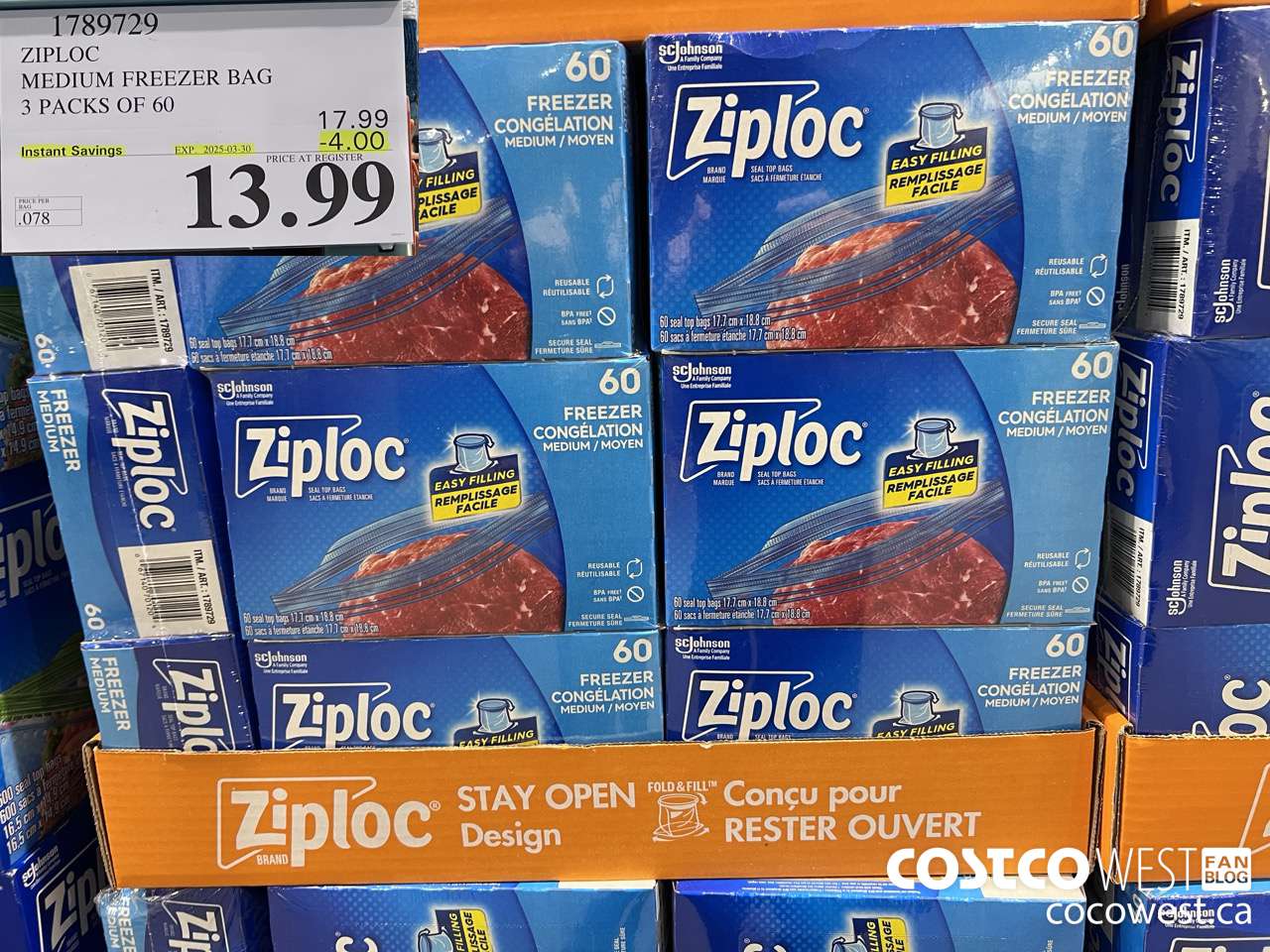 1789729 ZIPLOC MEDIUM FREEZER BAG 3 x 60 ($4.00 INSTANT SAVINGS EXPIRES ON 2025-03-30) $13.99