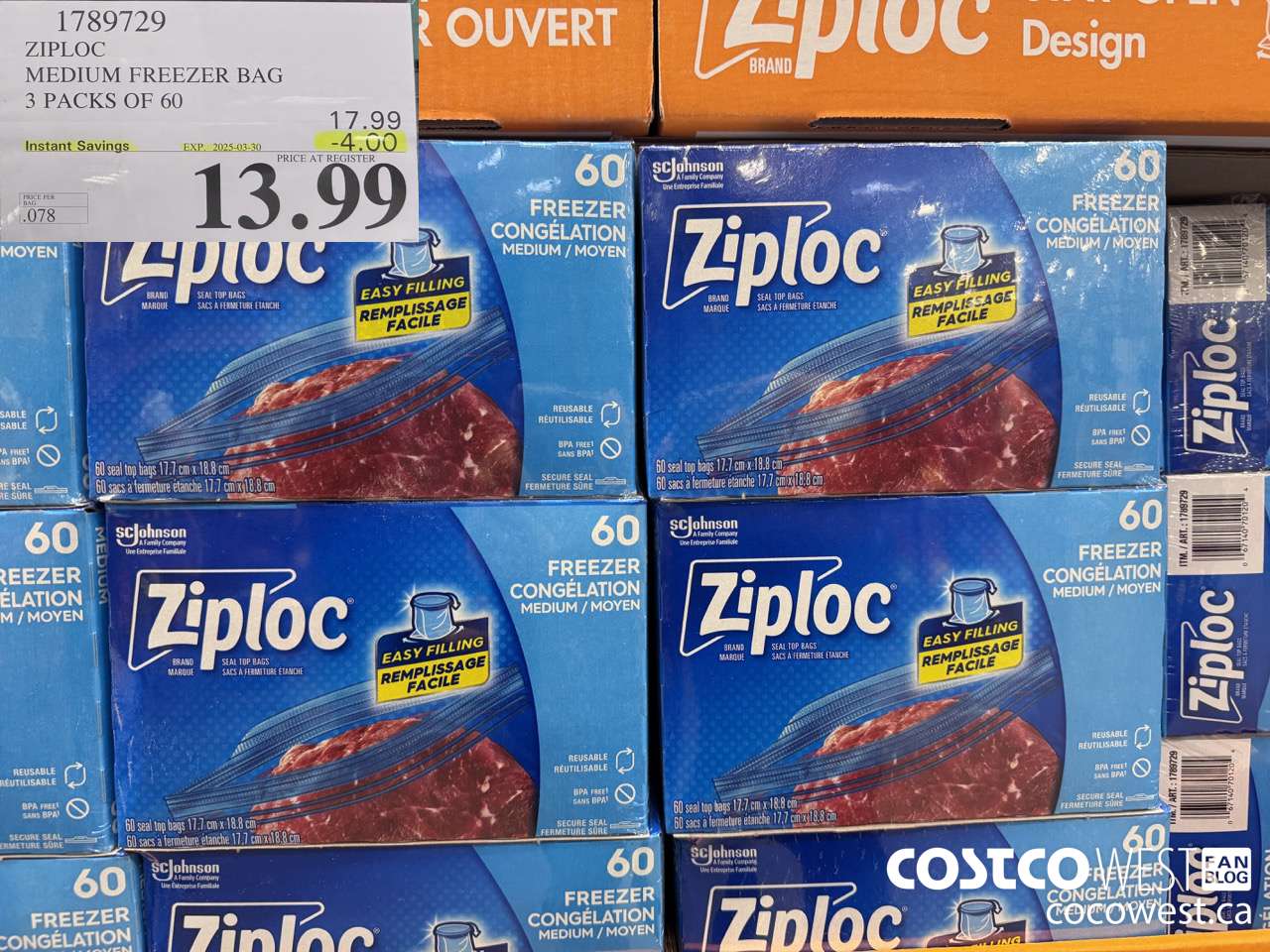1789729 ZIPLOC MEDIUM FREEZER BAG 3 x 60 ($4.00 INSTANT SAVINGS EXPIRES ON 2025-03-30) $13.99