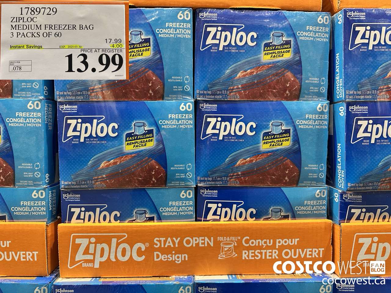 1789729 ZIPLOC MEDIUM FREEZER BAG 3 x 60 ($4.00 INSTANT SAVINGS EXPIRES ON 2025-03-30) $13.99