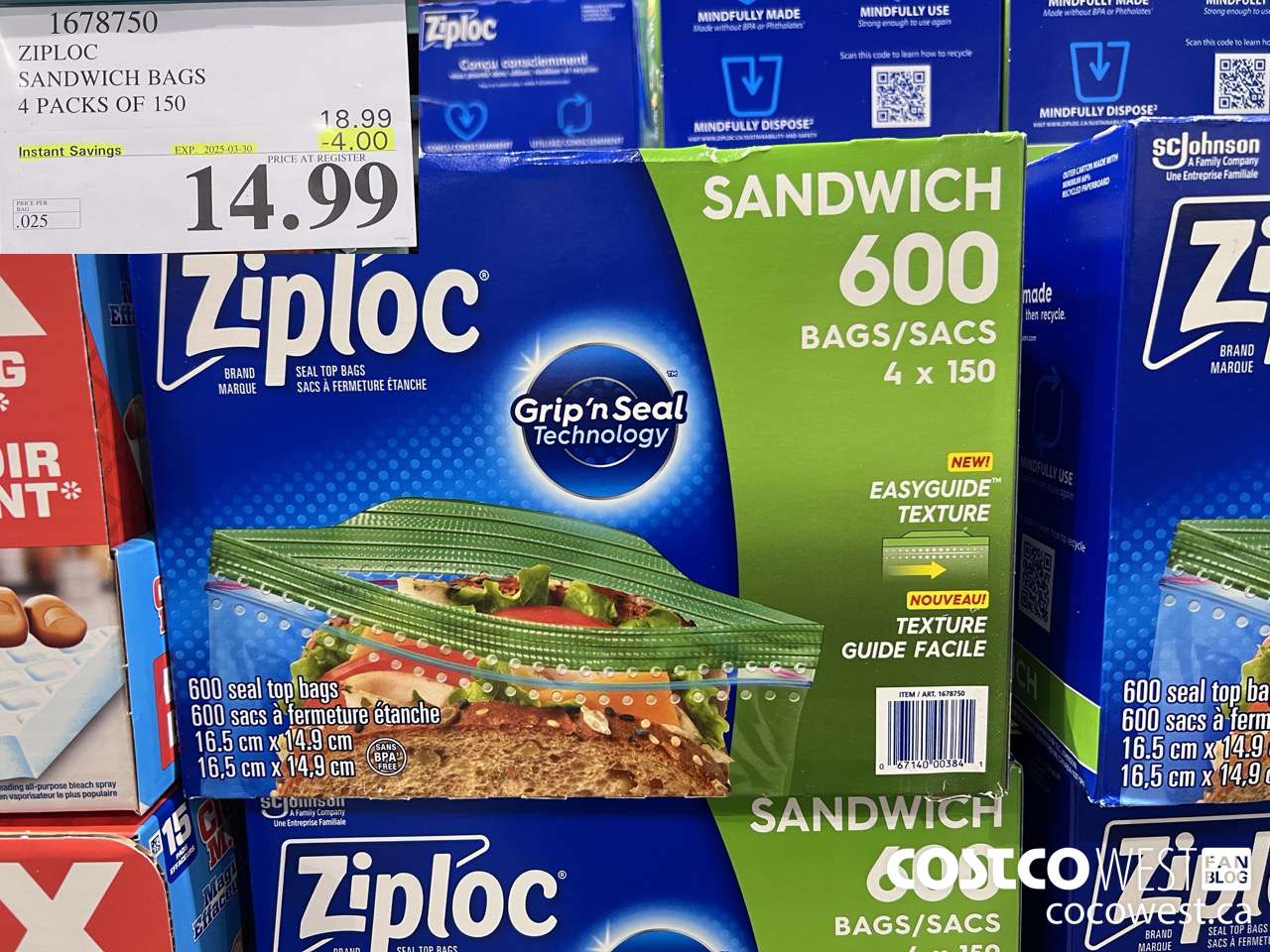 1678750 ZIPLOC SANDWICH BAGS 4 X 150 ($4.00 INSTANT SAVINGS EXPIRES ON 2025-03-30) $14.99