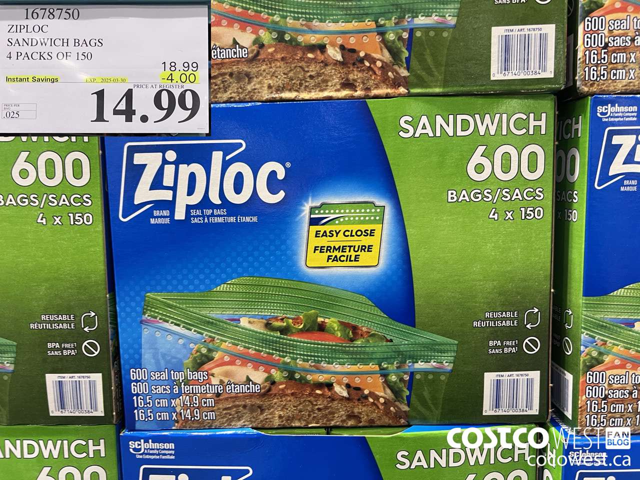 1678750 ZIPLOC SANDWICH BAGS 4 X 150 ($4.00 INSTANT SAVINGS EXPIRES ON 2025-03-30) $14.99