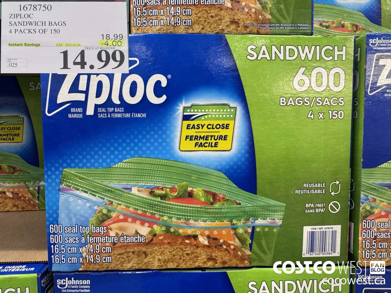 1678750 ZIPLOC SANDWICH BAGS 4 X 150 ($4.00 INSTANT SAVINGS EXPIRES ON 2025-03-30) $14.99