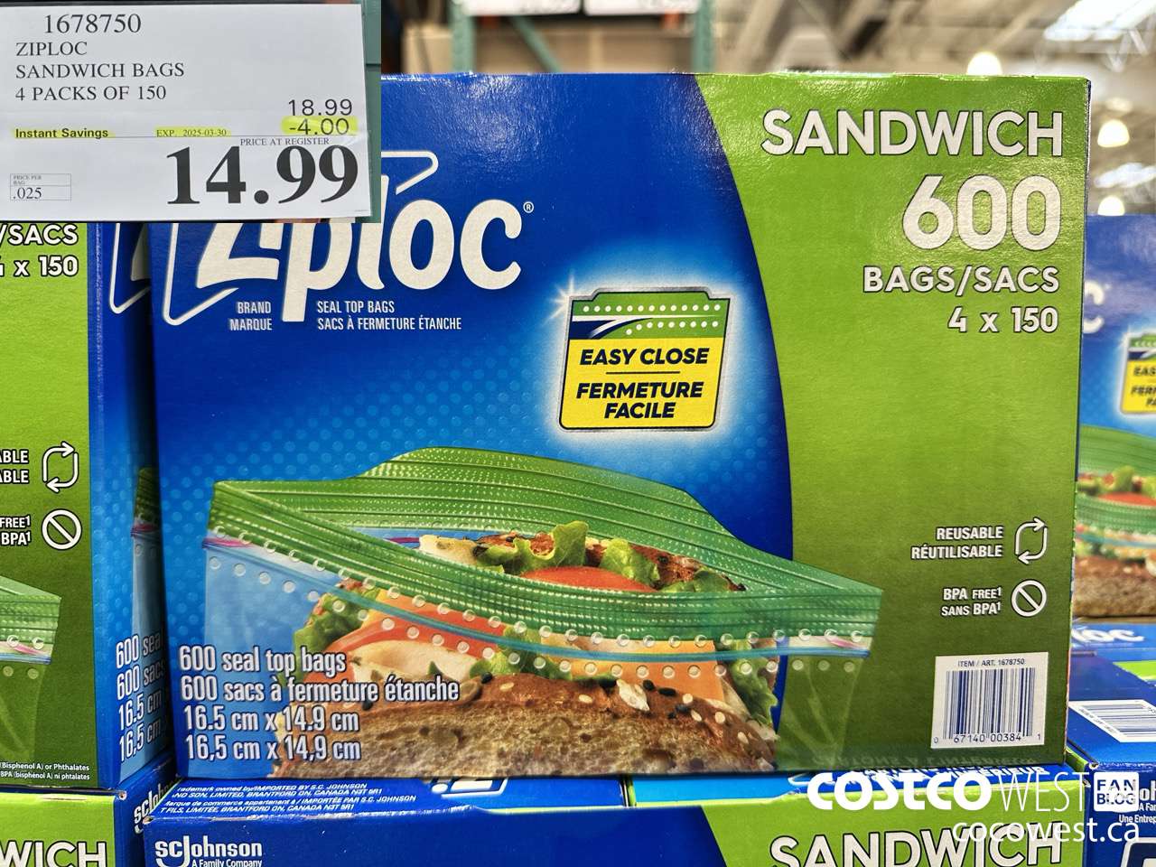 1678750 ZIPLOC SANDWICH BAGS 4 X 150 ($4.00 INSTANT SAVINGS EXPIRES ON 2025-03-30) $14.99