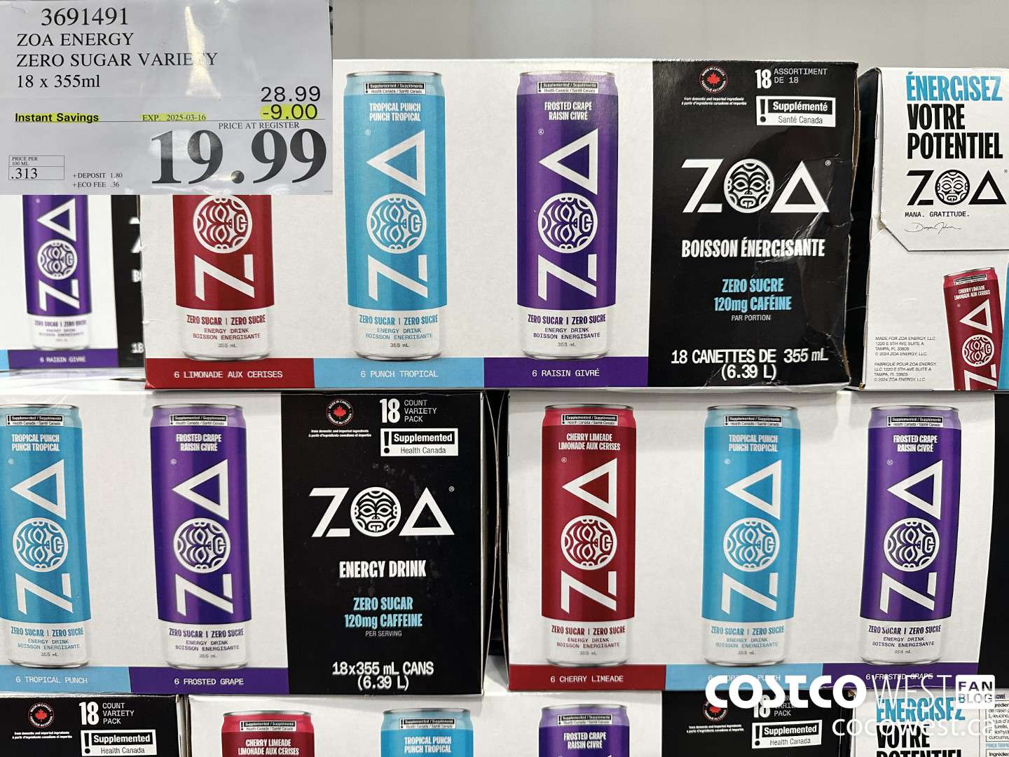 3691491 ZOA ENERGY ZERO SUGAR VARIETY 18 X 355ML ($9.00 INSTANT SAVINGS EXPIRES ON 2025-03-16) $19.99
