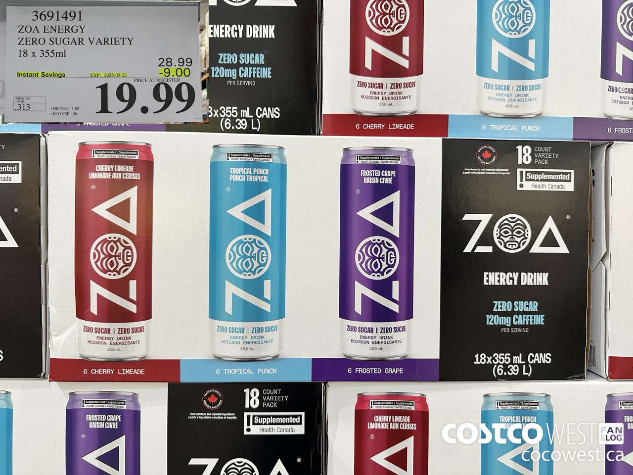 3691491 ZOA ENERGY ZERO SUGAR VARIETY 18 X 355ML ($9.00 INSTANT SAVINGS EXPIRES ON 2025-03-23) $19.99