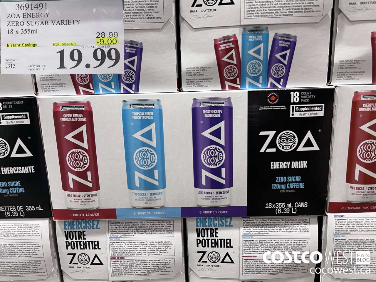 3691491 ZOA ENERGY ZERO SUGAR VARIETY 18 X 355ML ($9.00 INSTANT SAVINGS EXPIRES ON 2025-03-23) $19.99