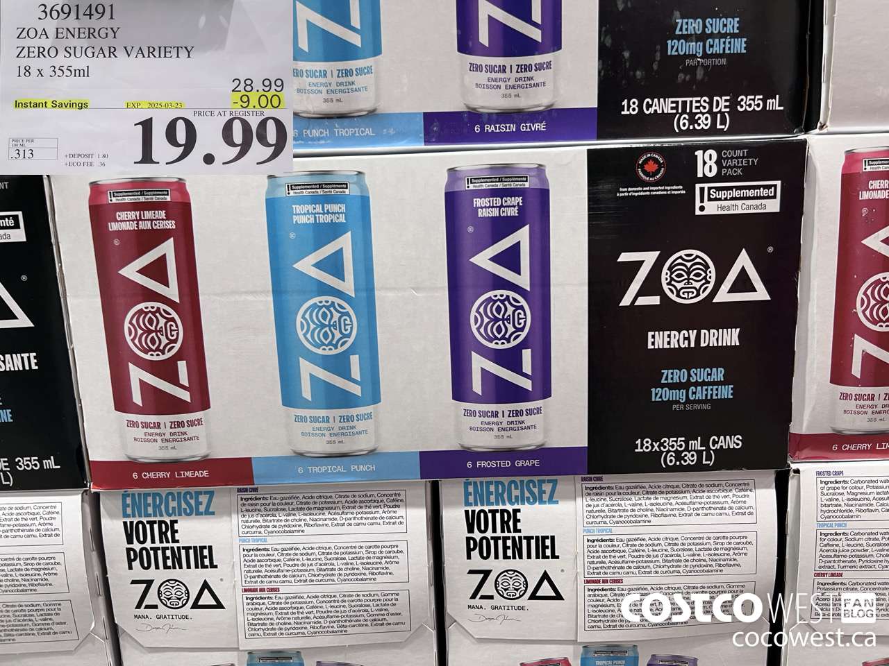 3691491 ZOA ENERGY ZERO SUGAR VARIETY 18 X 355ML ($9.00 INSTANT SAVINGS EXPIRES ON 2025-03-23) $19.99