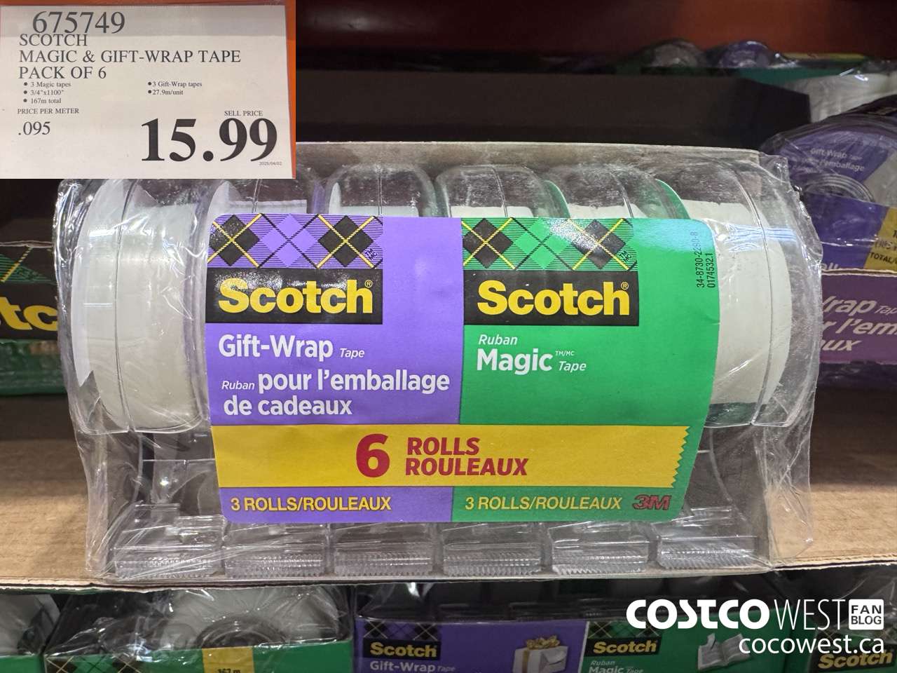 675749 3M SCOTCH MAGIC TAPE/GIFT WRAP TAPE 6PK $15.99